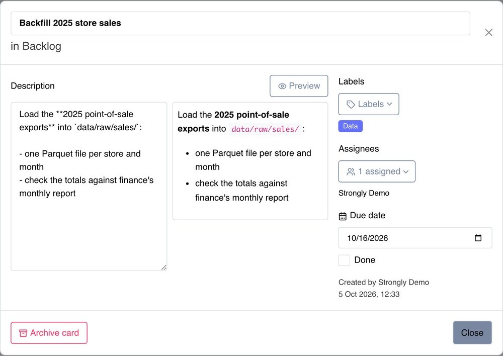 A card open, with its description, label, assignee and due date