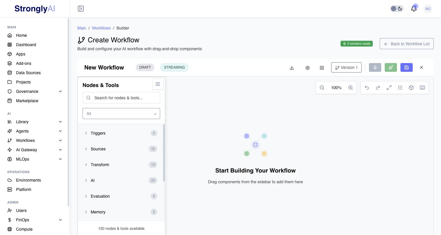 Streaming workflow builder with the streaming node palette