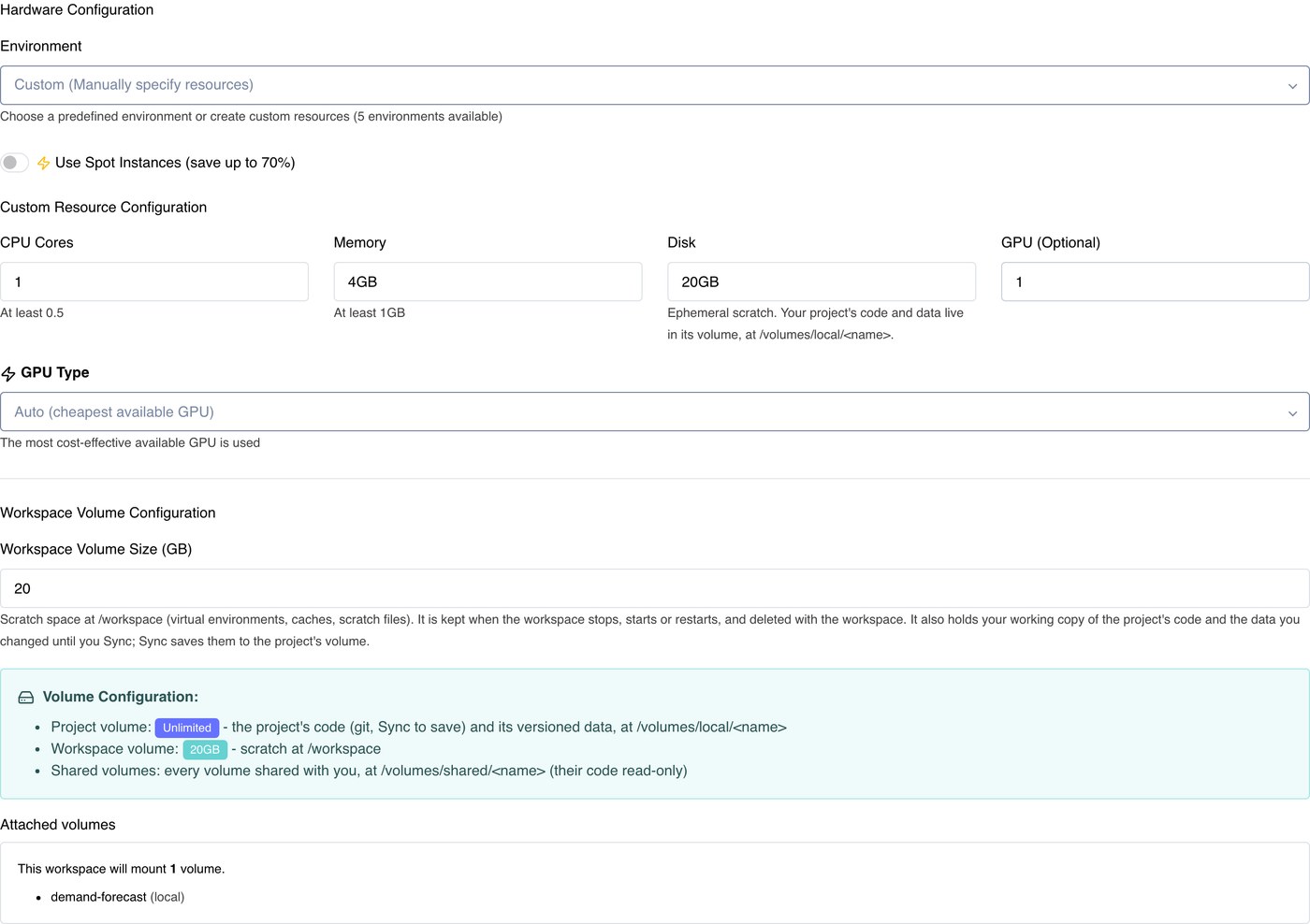 Size and resources when creating a workspace