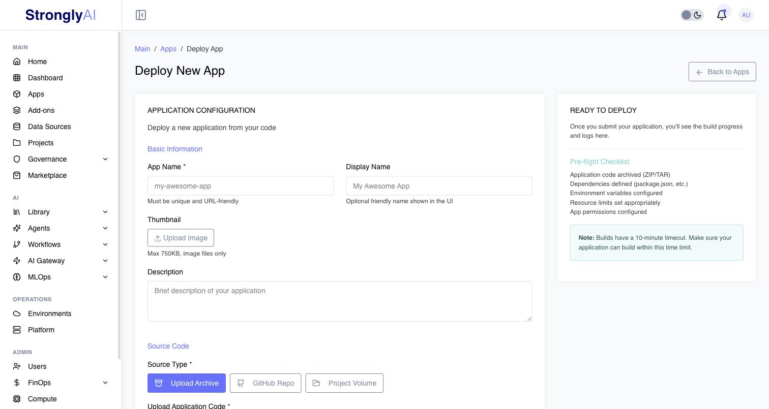 Deploy New App form