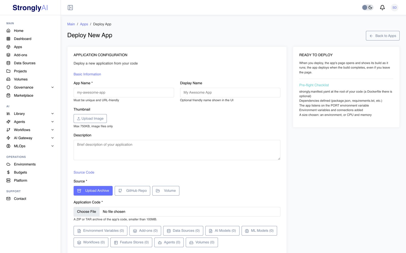 Deploy New App form