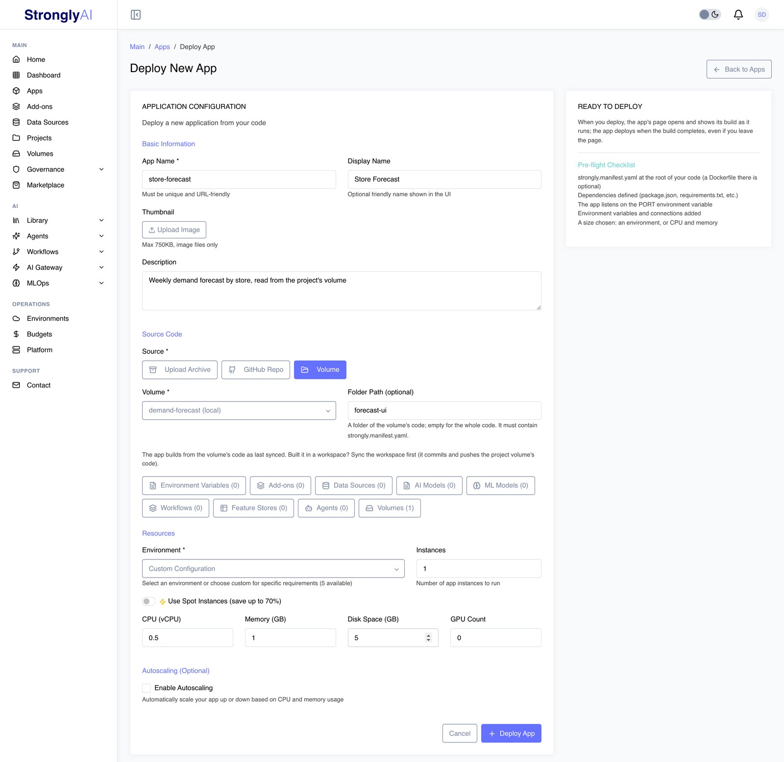 Deploy New App form