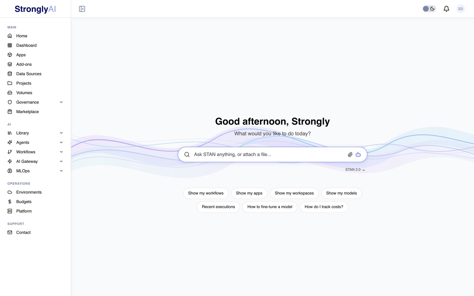 Home page with STAN assistant