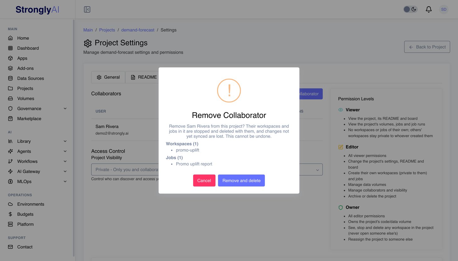 Removing a collaborator lists their workspaces and jobs