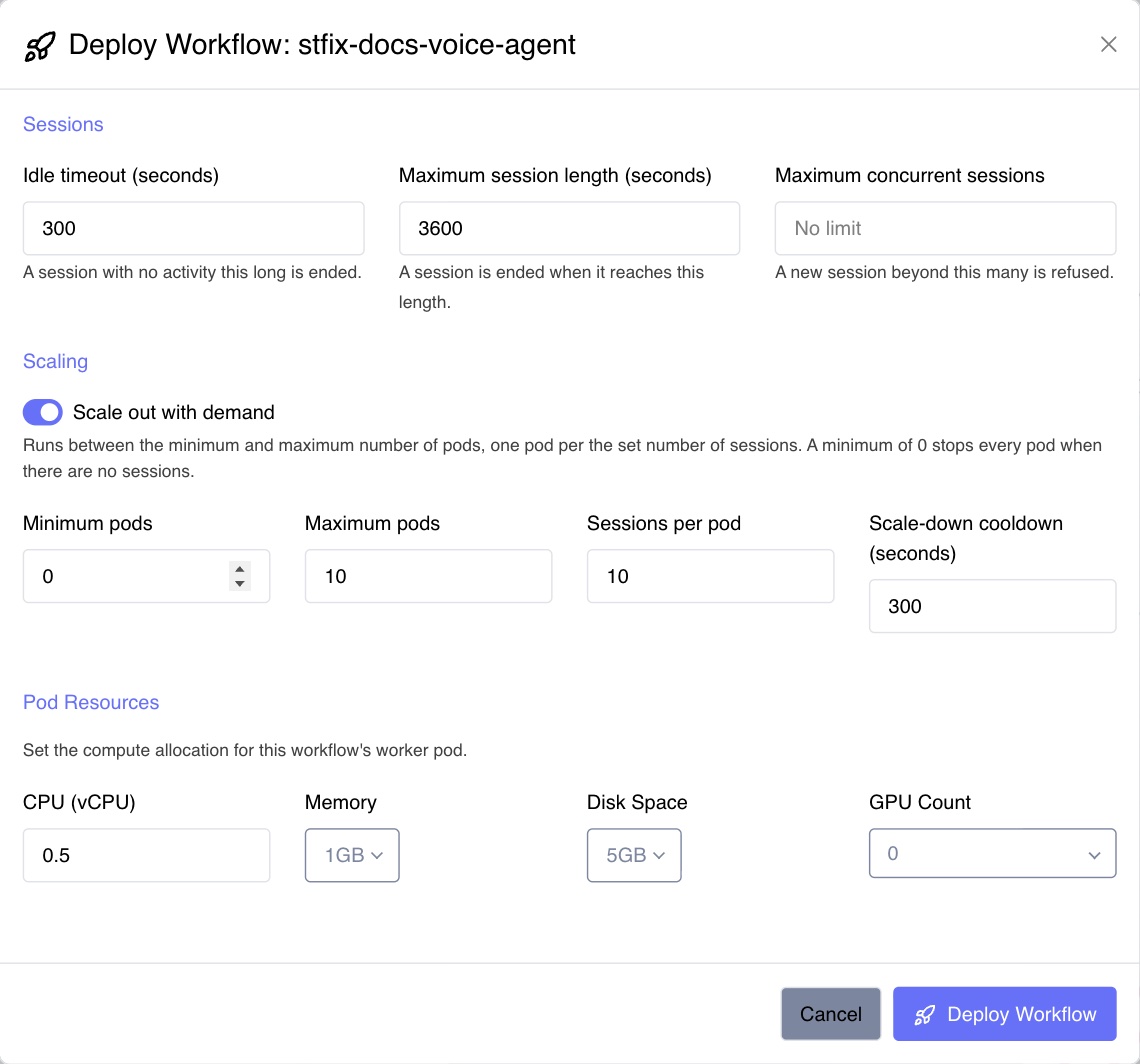 The deploy dialog of a streaming workflow, with Scale out with demand on
