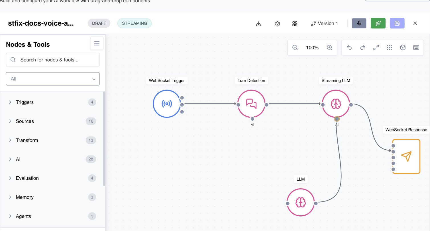 A streaming workflow with an LLM picker wired to the Streaming LLM's AI connector