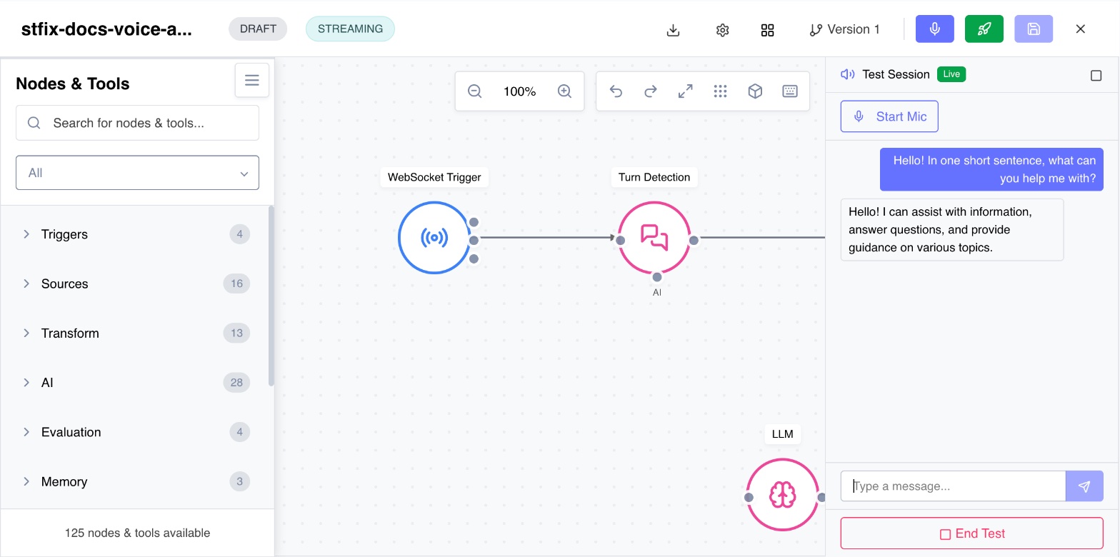 A builder test session: a typed message and the workflow's reply in the Test Session panel
