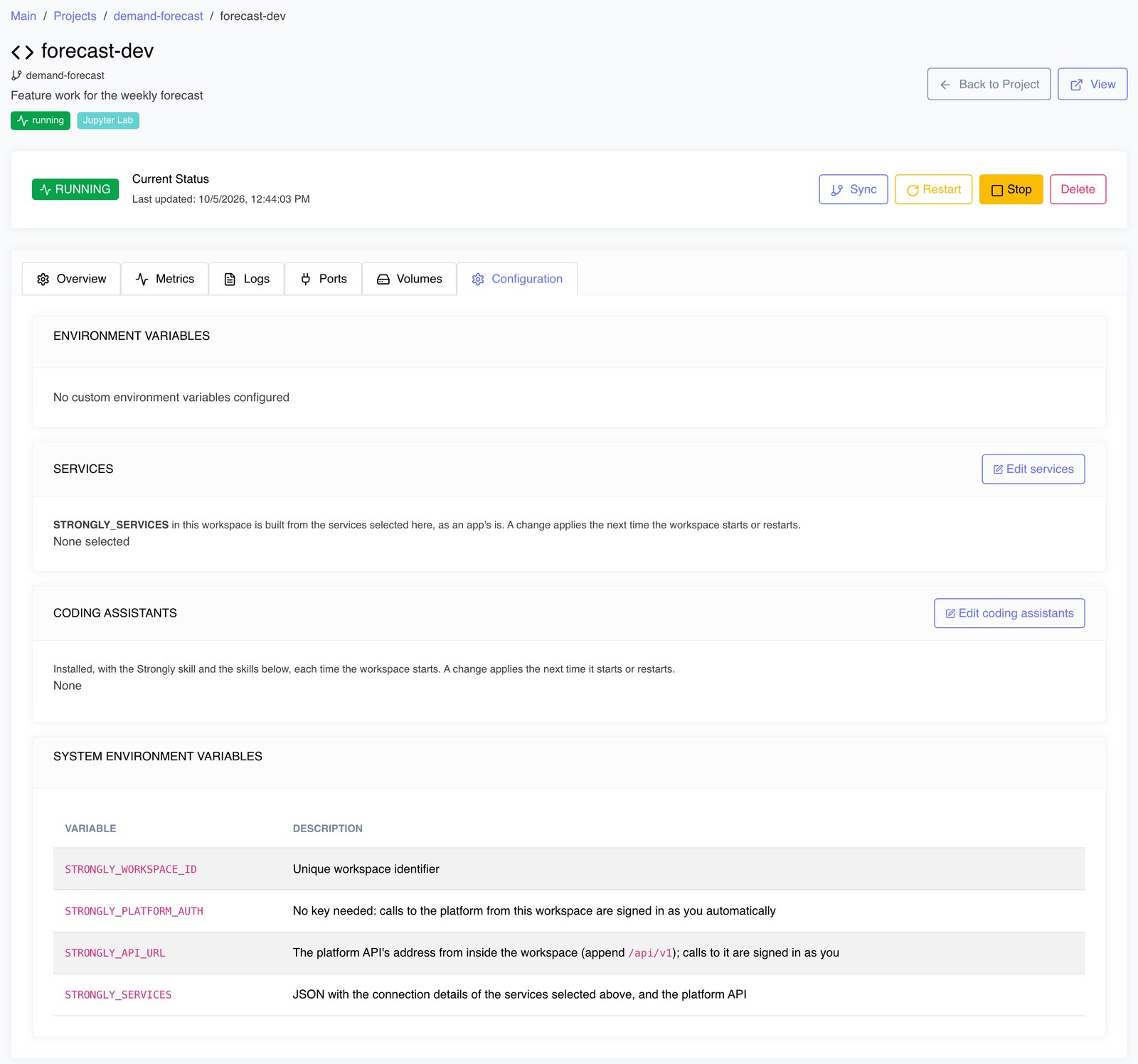 A workspace's Configuration tab